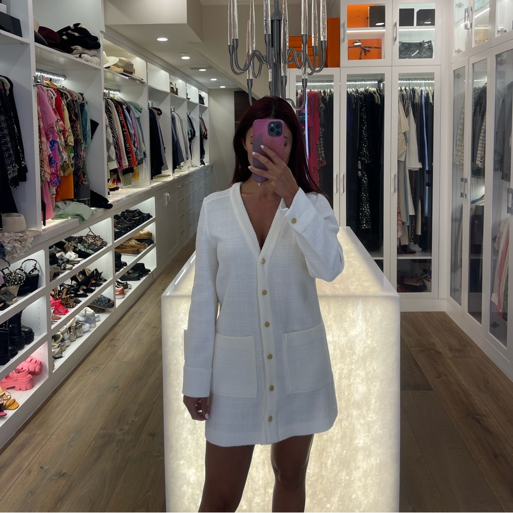 White V-Neck Button-Front Mini Dress Cardigan